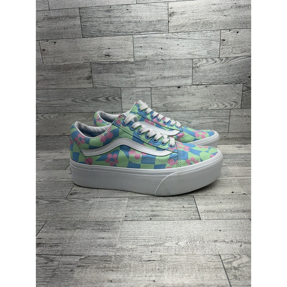 Vans Old Skool Stacked Platform Shoes Womens 8 Men 6.5 Checkerboard Floral Blue - Picture 8 of 11